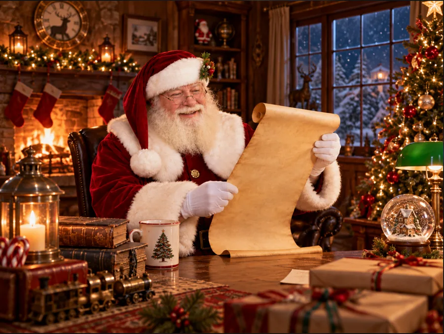 Santa AddWire reading his Christmas list beside a glowing fireplace and decorated tree