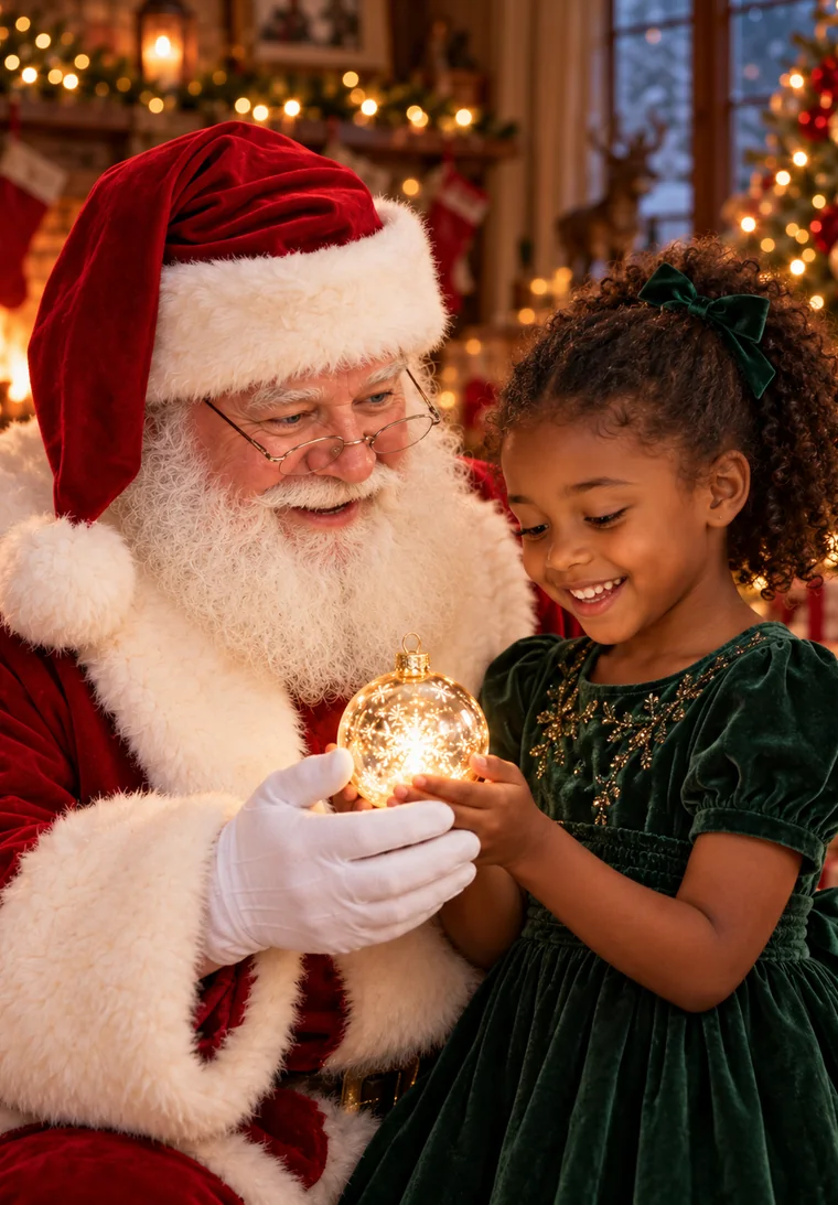 Merry Santa and a child smiling together over a glowing Christmas ornament