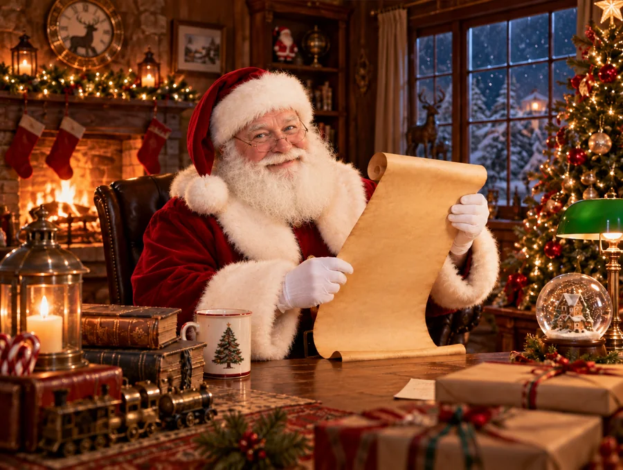Merry Santa Addwire holding his Christmas list beside a glowing fireplace and decorated tree