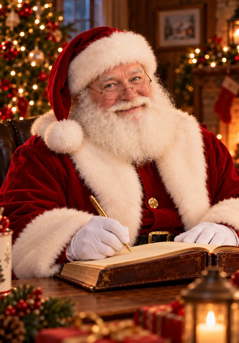 Merry Santa smiling while writing in his Christmas book
