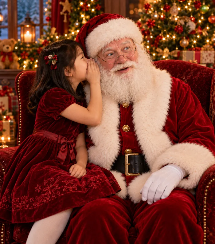 Santa looking to the right with delighted surprise as a child whispers an exciting Christmas secret